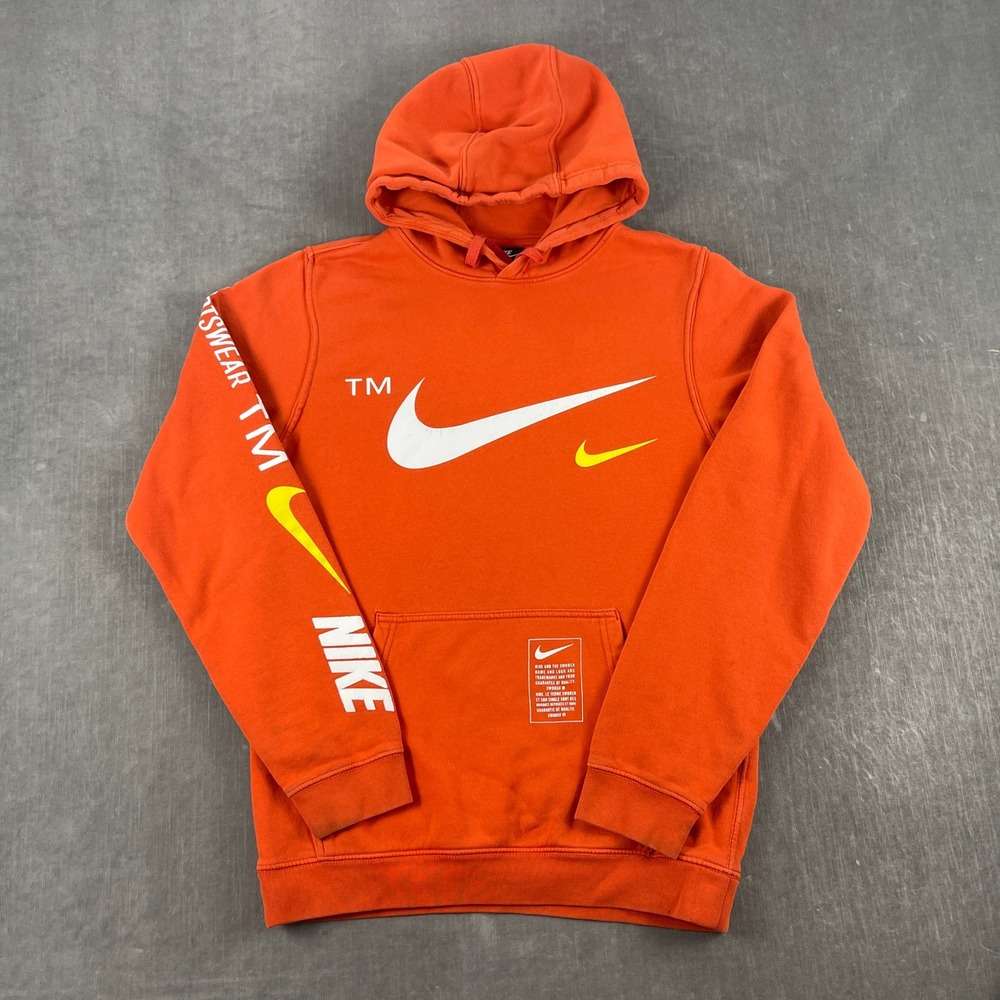 Nike Mens Small Orange Hoodie Pullover Swoosh Graphic Sportswear Logo
